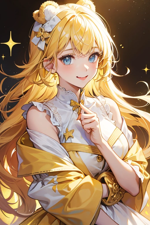A golden-yellow girl bear Num folded vertically with white cream seeping out on her head and side. She has a sideways smile with her tonge sticking out, and on her top is a bubblegum-colored ribbon. SPARKLE; GLITTER