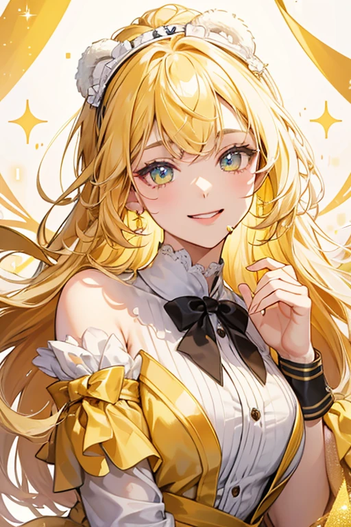 A glazed, golden brown num girl bear with a sideways smile and tongue sticking out. One eye is wink-squinting, and on the top of her head is a slightly dripping cream bow on her head. SPARKLE; GLITTER