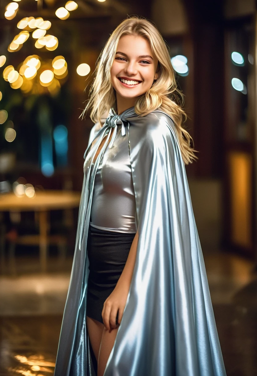 (RAW photo) , 1girl, cute, 20 years old, long blonde hair , smiling, look at viewer, ((((silver satin cape tied at the neck)))+++, side spilt skirt , photo, realistic, best quality, hires, detailed face, detailed background, diffused lighting, depth of field, bokeh
