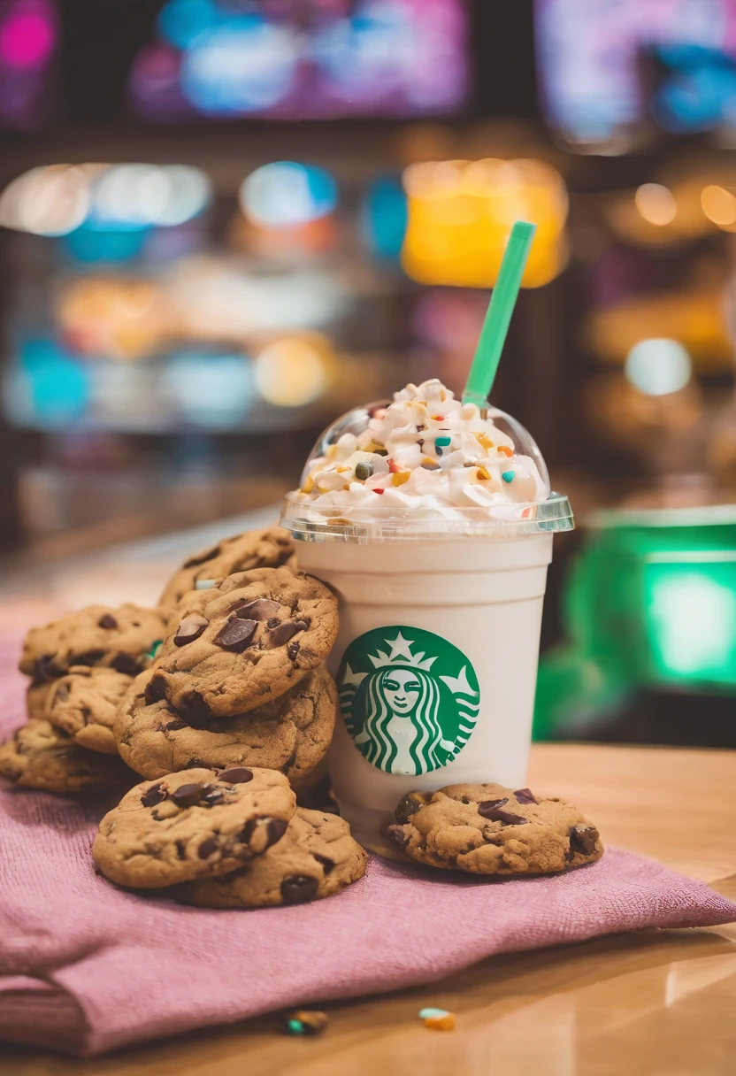 Greasy Cookies with Colorful Chocolate Chips, Scenario (next to a cup of Starbucks coffee), copo de milk-shake, chocolate chip cookie, chocolate brown cookies, fat and chubby cookies, chubby cookies(next to a cup of Starbucks coffee, Milkshake ), realisitic, 4K, photo by the best photographer in the world, best quality, optical zoom, store in a Shopping, Fat brown chocolate chip cookies with colorful chocolate chips, Shopping, Depth of field? Ultra definition 
