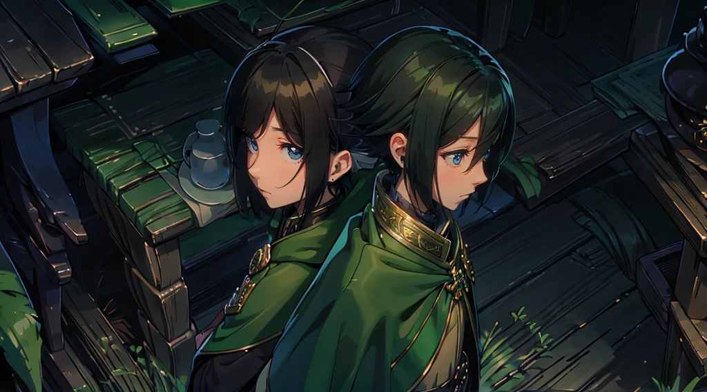 yuichiro hyakuya girl, (WithoutFear:1), 1 girl, black hair, green eyes, brown coat, gray armor, elves, sylvan, green shield, green cloak, dark brown gloves, forest, white fur trim, anime, standing, good quality, portrait, looking at viewer