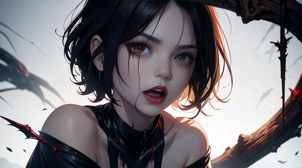 ultra quality, work of art, Maximum details, 8k, vampire woman, 1womanl, gaping mouth, vampire's teeth, demonic eyes, blood in The face, pale skin, ugly face, slim, chestnut hair, short shoulder length hair, expressão facial frightfula, monstr, wrinkles on the face, female in her 30s, white social t-shirt, bloody t-shirt, black pants, dark, frightful, fund: macabre forest, realistically