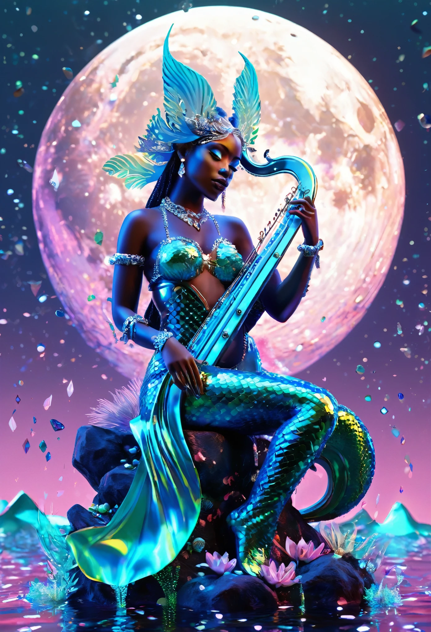 A stunningly realistic black mermaid, with iridescent scales shimmering like opals and diamonds, sits elegantly on a submerged rock, playing a intricately carved, glowing harp under the celestial glow of a full moon, amidst a kaleidoscope of aquatic life, with seaweed swaying to the melody, in a lush 3D render, boasting razor-sharp focus, hyper-realistic portraits, and an ultra HD, vibrant palette of turquoise, sapphire, and emerald hues, with an exaggerated sense of drama, crafted using cutting-edge 3D modeling, Octane rendering, V-Ray, and Unreal Engine, evoking an otherworldly, cinematic atmosphere.