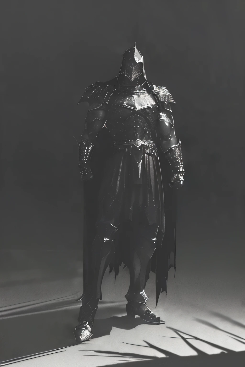 ((black cape but back)) a knight (((demonic))) (((((extremely muscular))) in medieval armor made of black crystal, ((((black armor)))), demon horns , dark and gloomy horror atmosphere, highly detailed, 8k, photorealistic, chiaroscuro lighting, moody color palette, dramatic shadows, dynamic pose wearing helmet armor with glass visor, frontal image full body black and white armor with crystals