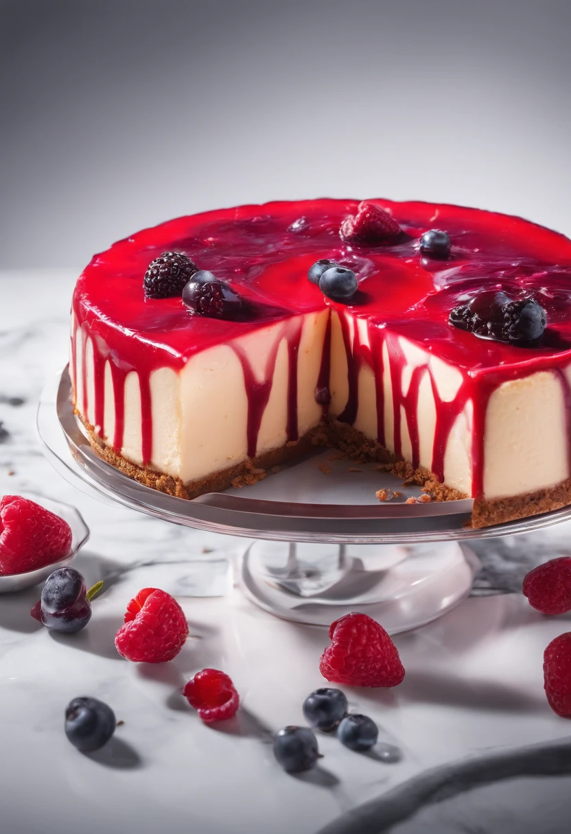Red fruit cheesecake on a pastry counter; display of berry cheesecake in the confectionery shop; 8k; best photographer in the world; photography for food exhibition; product marketing; delicious cheesecake; maximum reality; perfection from the best confectioner in the world; 