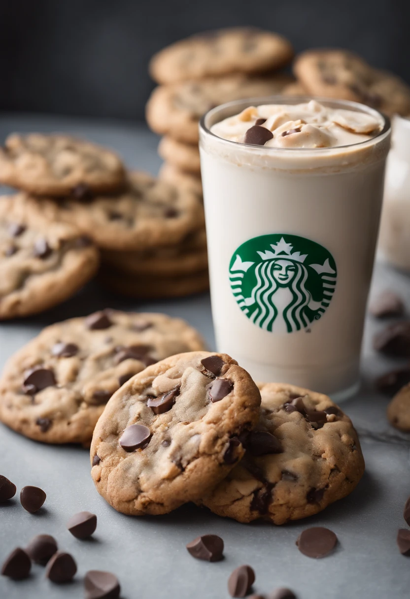 Greasy Cookies with Colorful Chocolate Chips, Scenario (next to a cup of Starbucks coffee), copo de milk-shake, chocolate chip cookie, chocolate brown cookies, fat and chubby cookies, chubby cookies(next to a cup of Starbucks coffee, Milkshake ), realisitic, 4K, photo by the best photographer in the world, best quality, optical zoom, store in a Shopping, Fat brown chocolate chip cookies with colorful chocolate chips, Shopping, Depth of field? Ultra definition