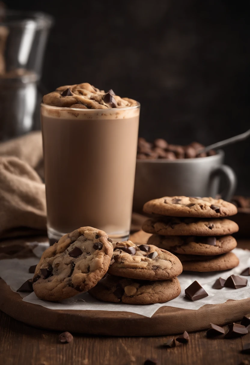 Greasy Cookies with Colorful Chocolate Chips, Scenario (next to a cup of Starbucks coffee), copo de milk-shake, chocolate chip cookie, chocolate brown cookies, fat and chubby cookies, chubby cookies(next to a cup of Starbucks coffee, Milkshake ), realisitic, 4K, photo by the best photographer in the world, best quality, optical zoom, store in a Shopping, Fat brown chocolate chip cookies with colorful chocolate chips, Shopping, Depth of field? Ultra definition