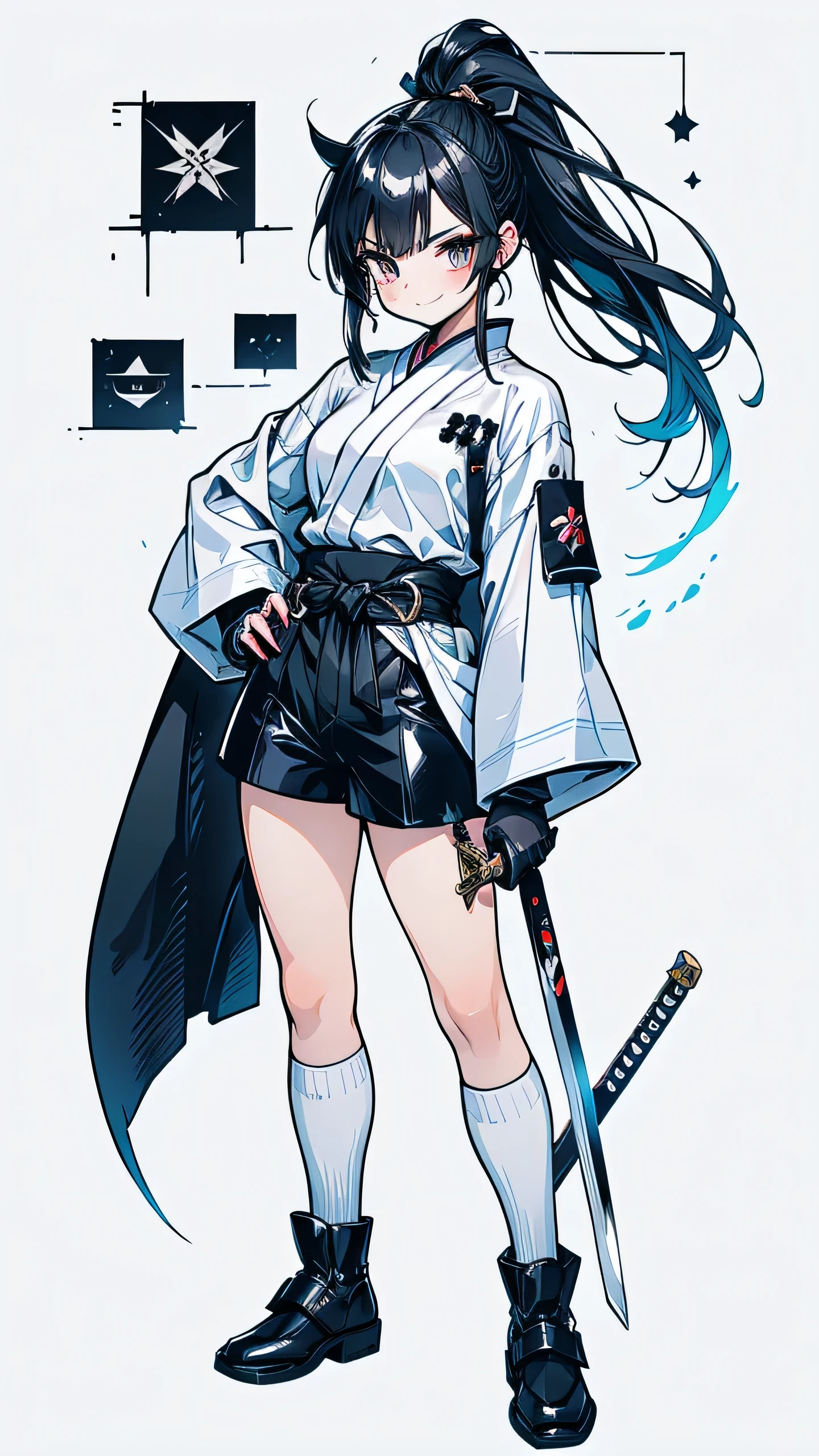 Adult features　Short Ponytail　length, Narrow eyes　smile　Glare　frivolous attitude　Japanese Clothing　White shirt　Black hot pants　Black long gloves　Black knee socks　Please put your hands on your hips　Japan Hold the sword to your waist　Cape　mechanized japanese castle
