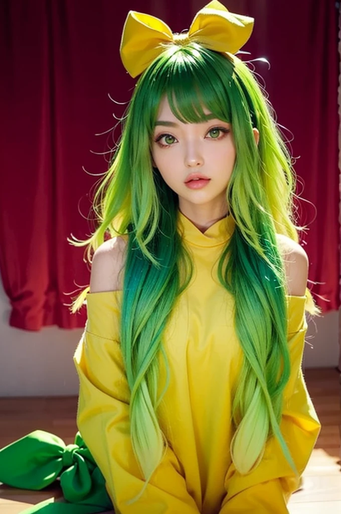 (banchan is 1girl: 1.0), (green eyes_0.9), (green hair_0.8), (yellow hair_0.7), (Ombre hair_0.4), (hair bow_0.5), Charming light, realistic, full body, full body view