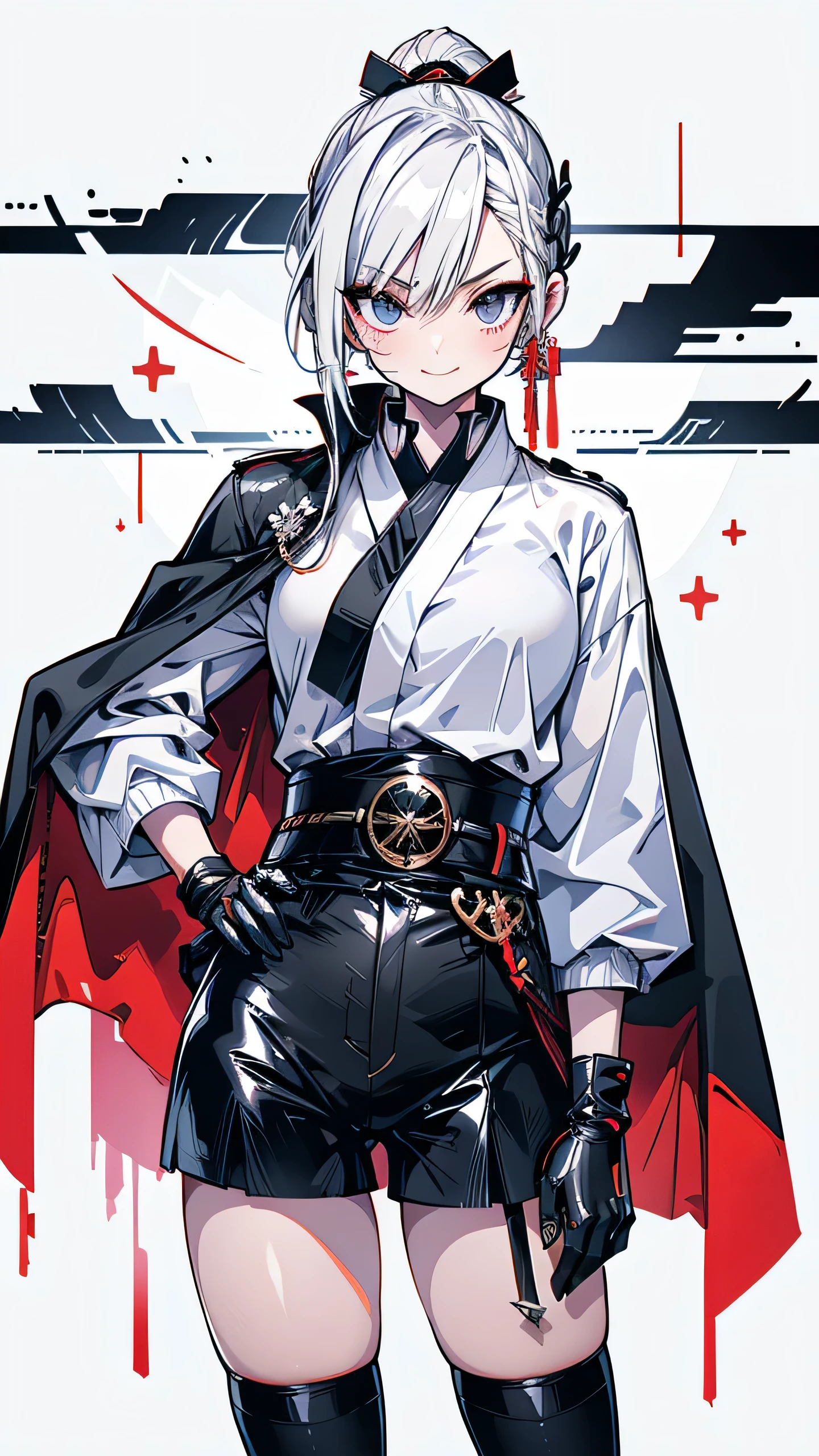 Adult features　Short Ponytail　length, Narrow eyes　smile　Glare　frivolous attitude　Japanese Clothing　White shirt　Black hot pants　Black long gloves　Black knee socks　Please put your hands on your hips　Japan Hold the sword to your waist　Cape　mechanized japanese castle