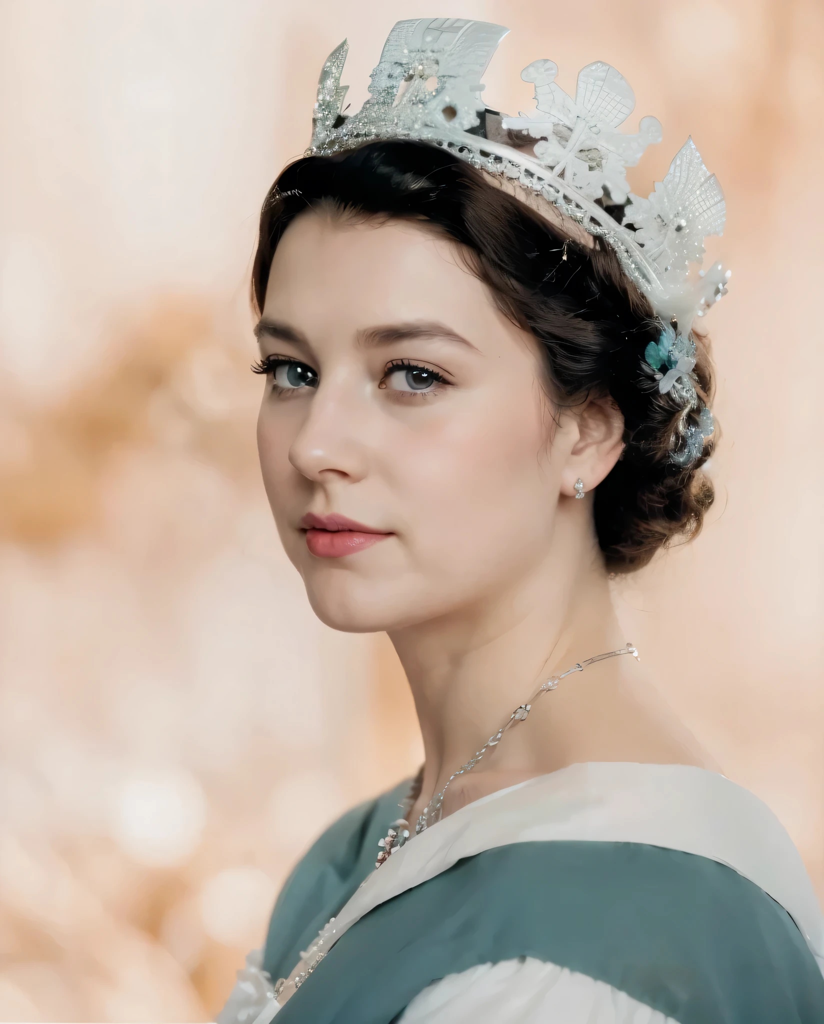 A realistic face of Queen Elizabeth II wears a silver crown,ultra hd 8k