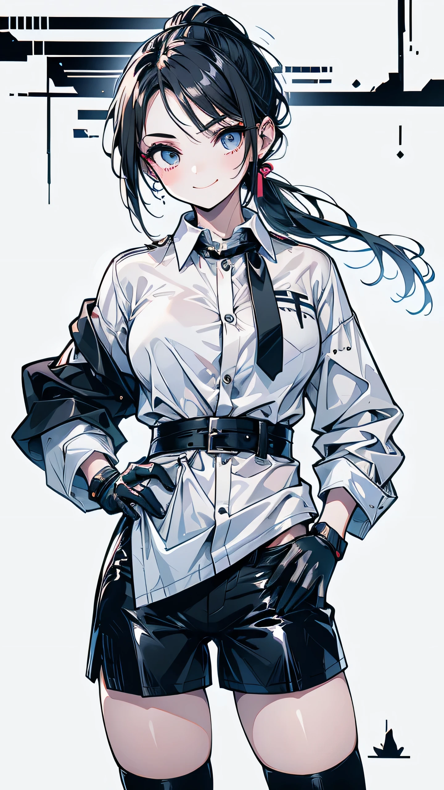 Adult features　Short Ponytail　length, Narrow eyes　smile　Glare　frivolous attitude　White shirt　Black hot pants　Black long gloves　Black knee socks　Please put your hands on your hips　mechanized japanese castle