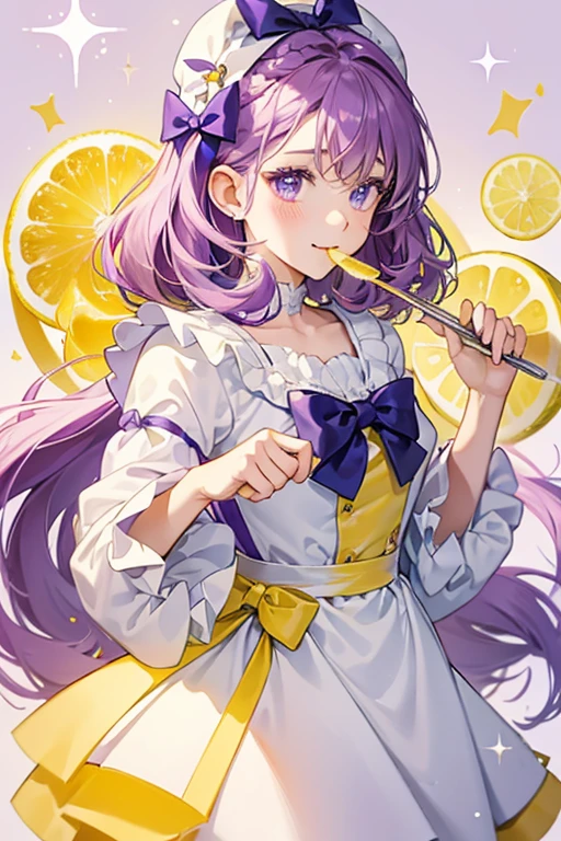 A girl plain crepe bear Num folded vertically with purple cream or syrup on the top of her head, along with a bow made from lemon wedges and a white dollop of cream. She is winking with her mouth widely opened.  SPARKLE; GLITTER