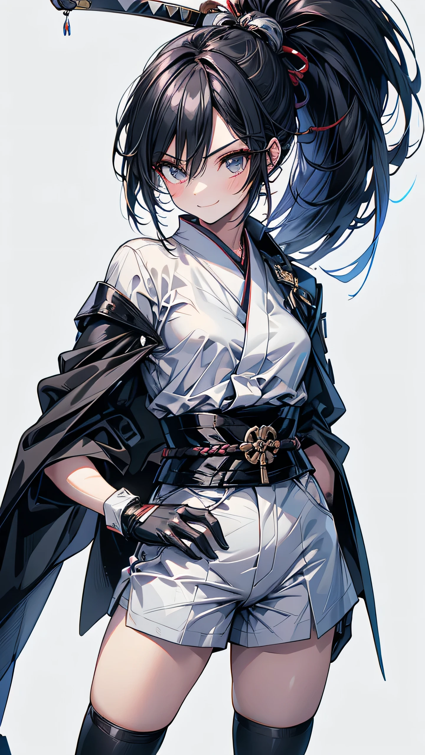 Adult features　Short Ponytail　length, Narrow eyes　smile　Glare　frivolous attitude　Japanese Clothing　White shirt　Black hot pants　Black long gloves　Black knee socks　Please put your hands on your hips　Japan Hold the sword to your waist　Cape　mechanized japanese castle