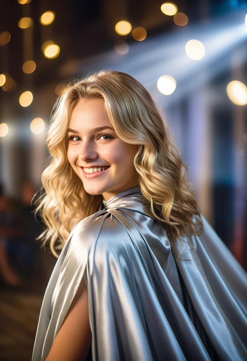 (RAW photo) , 1girl, cute, 20 years old, long wavy  blonde hair , smiling, look at viewer, ((((silver satin cape tied at the neck)))+++, side spilt skirt , photo, realistic, best quality, hires, detailed face, detailed background, diffused lighting, depth of field, bokeh