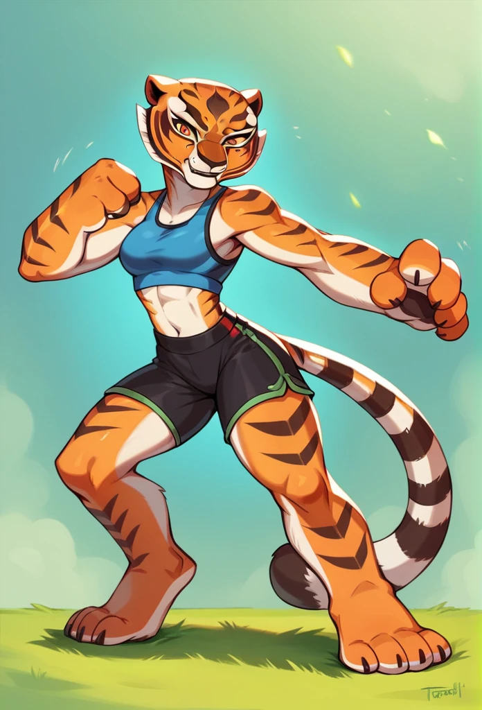 Kung Fu Panda, Master Tigress, Pose, Yoga, wearing black shorts,
