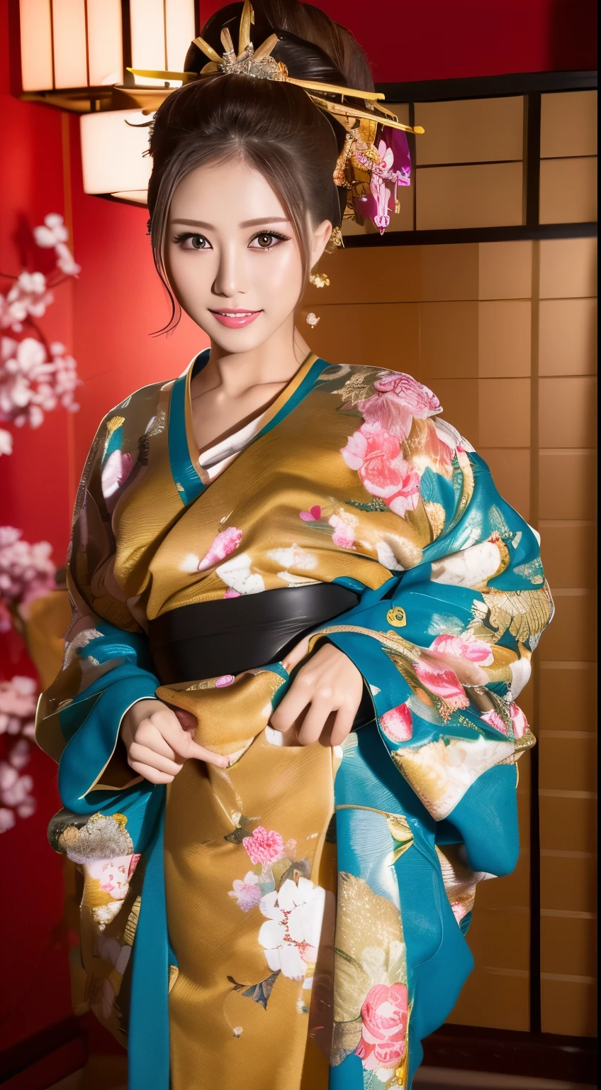 ((masterpiece(:1.4),Highest quality,Ultra-high resolution,Highest quality,8k,Extremely detailed,In detail))。night,Japanese,(A beautiful woman),slim,Large Breasts(1.6),sexy,glamorous,Golden Ratio Style,Perfect Style,Flashy gal makeup,Red light district,Bedroom,Oiran,Prostitute,Sunny day outfit,Uchikake,Gold brocade,((A gorgeous kimono)),A cutting board belt tied in front,Hair tying,hairpin,hair ornaments,Gorgeous costumes,Beautiful standing posture,Presence,
