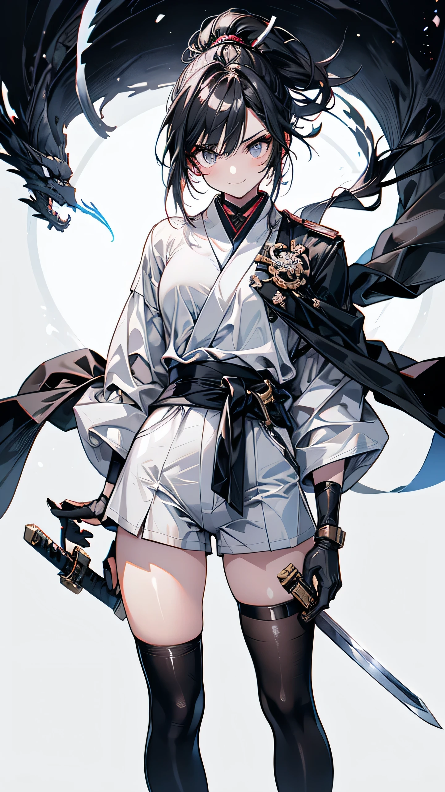 Adult features　Short Ponytail　length, Narrow eyes　smile　Glare　frivolous attitude　Japanese Clothing　White shirt　Black hot pants　Black long gloves　Black knee socks　Please put your hands on your hips　Japan Hold the sword to your waist　Cape　mechanized japanese castle