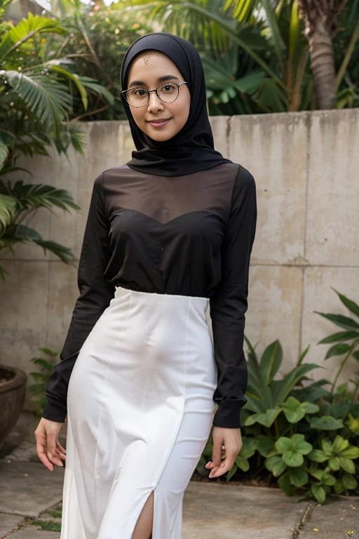 A sweet beautiful young Bogor city girl, 25 years old, sweet georgeus round childish face, white pale skins, big wide forehead, cute hawk type little nose, big round eyes, dark big mole under her eyes, very slim little body, slim legs, very slim buttock, straight neck short slim hairs, dark brownish small mouth, sensual thin uper lip, sensual heavy lower lip, small size age breasts, descent mixed from sundanese and javanese, shy and quite type girl, her name is Salma, she is ex local university student, nate thin straight medium black hairs with a bangs, standing cheerful spread legs as profetional model at her home yard, wearing see through white very thin long sleeve muslimah long dress, wearing thin muslimah long hijab that covering all her hairs and ears, sunshine shining to all her body, cute sweet smiling to us, wearing glasses, from head to toes visible,