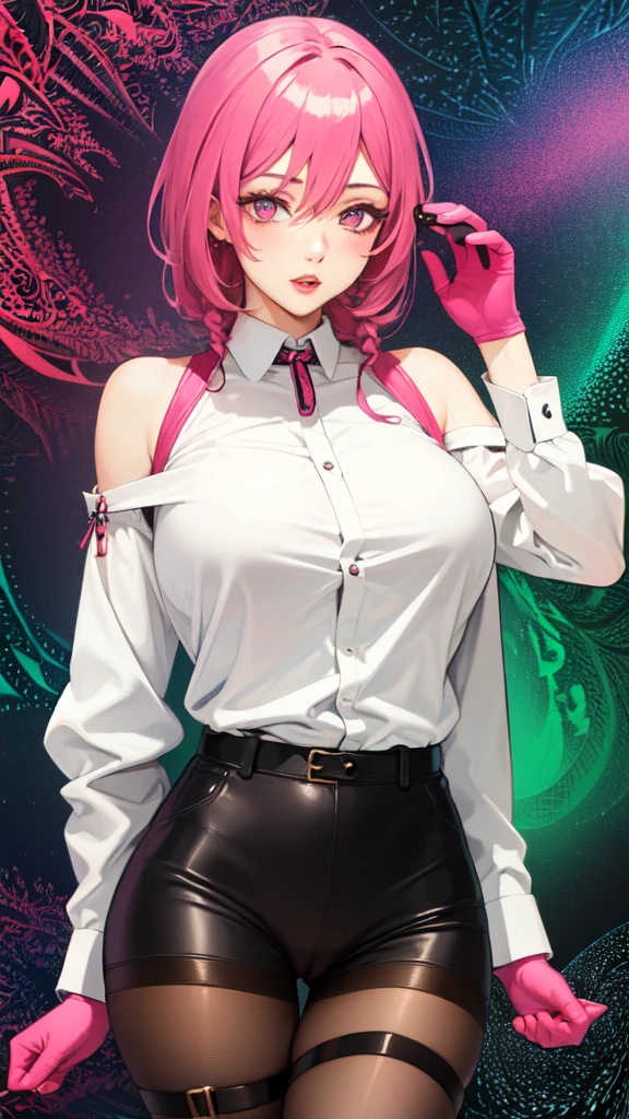 (masterpiece, top quality, best quality, official art, beautiful and aesthetic:1.2), (1girl), extreme detailed,(colorful:1.3),highest detailed, 1girl, solo, eyewear on head, gloves, large breasts, looking at viewer, shirt, sunglasses, bangs, white shirt, long sleeves, pantyhose, pink hair, pink eyes, shorts, blush, thigh strap, bare shoulders, purple hair, cowboy shot, hair between eyes, collared shirt, thigh gap, parted lips, standing,realistic,shiny skin,(mature female:1.2), (fractal art:1.3), wit pussy,  huge orgasm,fingering , huge orgasm, sexual fluids, spreads pussy, tight clothing, Squirting