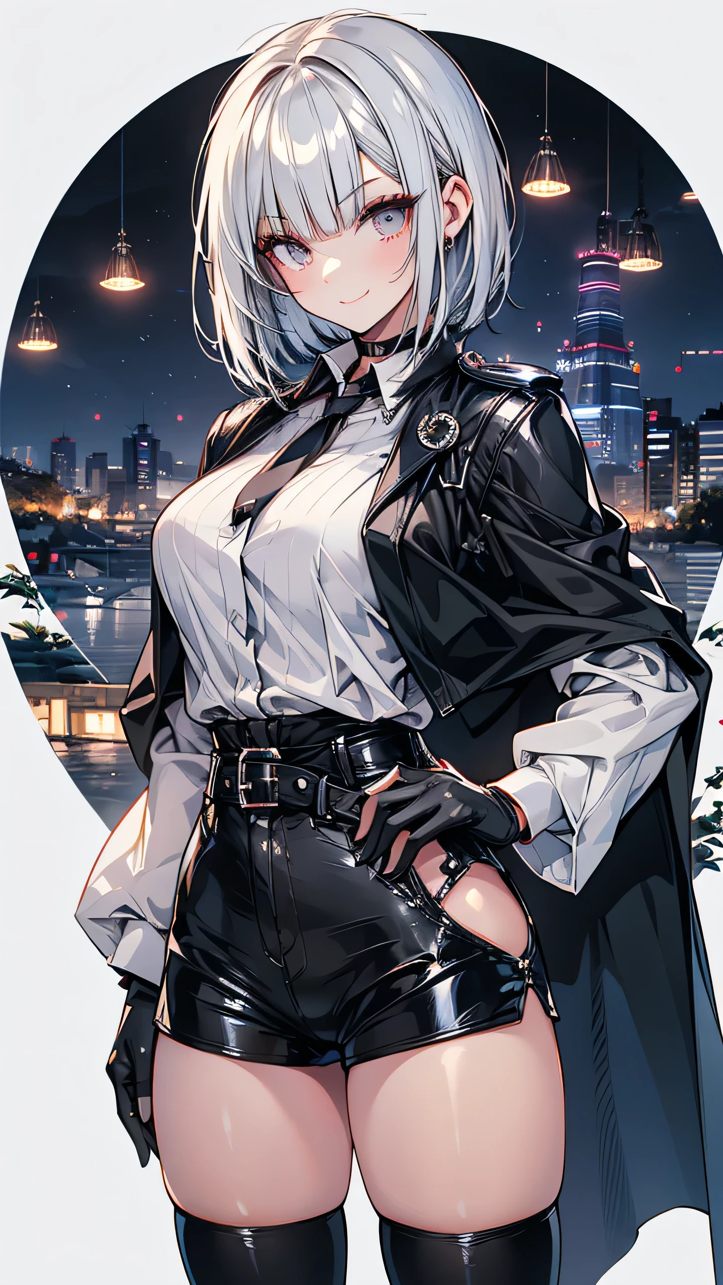 Adult features　Short Ponytail　length, Narrow eyes　smile　Glare　frivolous attitude　Japanese Clothing　White shirt　Black hot pants　Black long gloves　Black knee socks　Please put your hands on your hips　Japan Hold the sword to your waist　Cape　mechanized japanese castle
