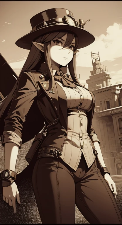 Sophisticated Hylia, hat, steampunk suit, airship, muted colors, red filter, aged effect,