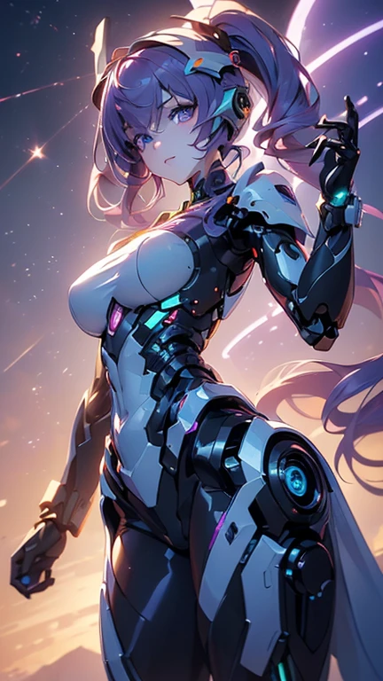 (((Best quality, 8k, Masterpiece: 1.3)), ((best quality)), ((masterpiece)), (detailed), perfect face, Female android, artificial intelligence, robot, metal frame, cyberspace, science fiction, laser gun, mechanical body, purple hair, sidelocks, low twintails, from below, helmet with decorations, cowboy shot,