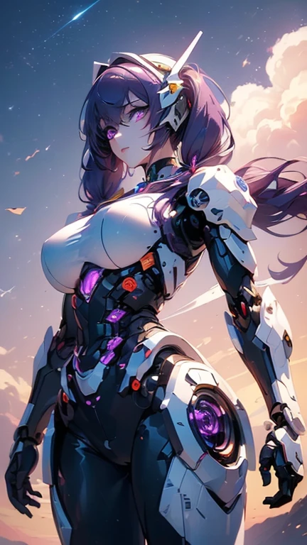 (((Best quality, 8k, Masterpiece: 1.3)), ((best quality)), ((masterpiece)), (detailed), perfect face, Female android, artificial intelligence, robot, metal frame, cyberspace, science fiction, laser gun, mechanical body, purple hair, sidelocks, low twintails, from below, helmet with decorations, cowboy shot,