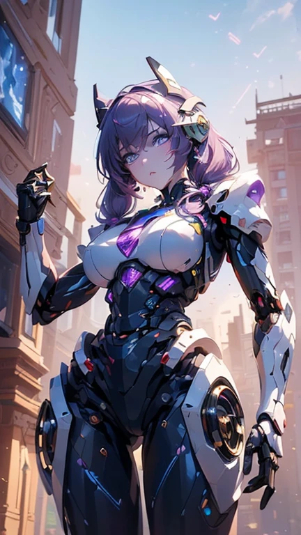 (((Best quality, 8k, Masterpiece: 1.3)), ((best quality)), ((masterpiece)), (detailed), perfect face, Female android, artificial intelligence, robot, metal frame, cyberspace, science fiction, laser gun, mechanical body, purple hair, sidelocks, low twintails, from below, helmet with decorations, cowboy shot,