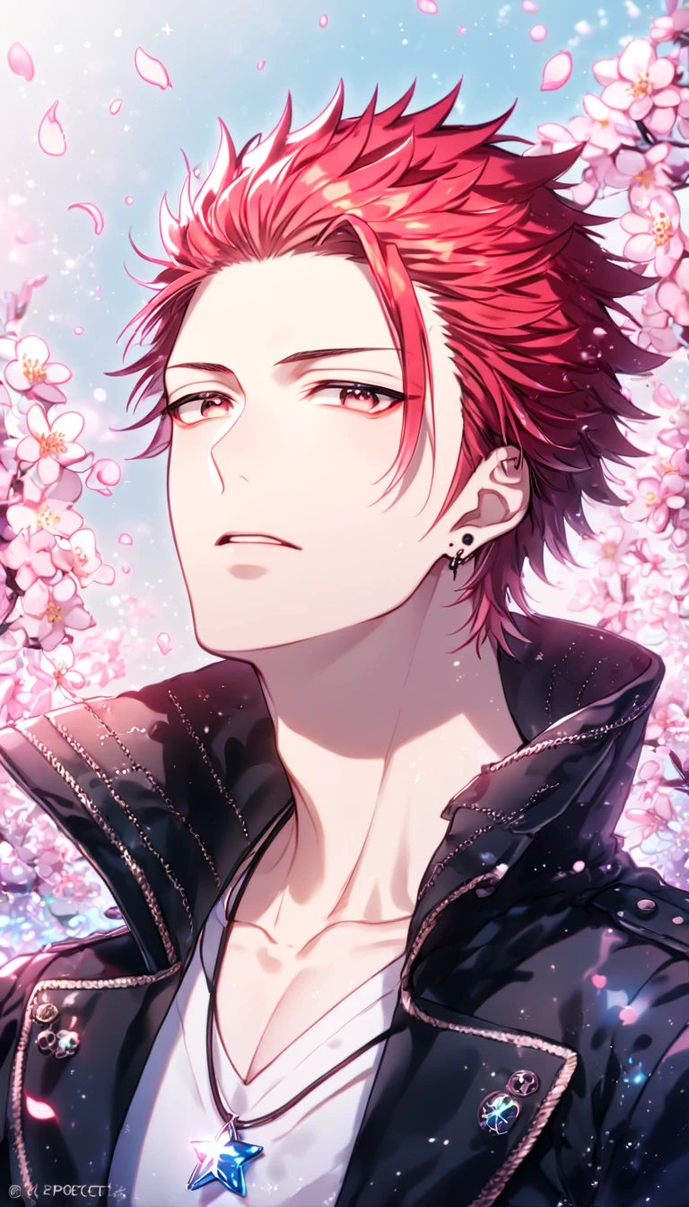 absurdres, highres, ultra detailed, HDR, master piece, Suoh Mikoto, red hair, hair is kept short, ruffled, slicked back and spiked, with two strands of hair near the opposite sides of his head falling over his face, expressive amber eyes, K Project, black leather jacket with fur, white v-neck shirt, star pendant, sexy man, handsome, best quality, blossoms, pink petals, pink flowers, water, fantasy, magical, blue shining fireflies, a piercing, solo, smoking