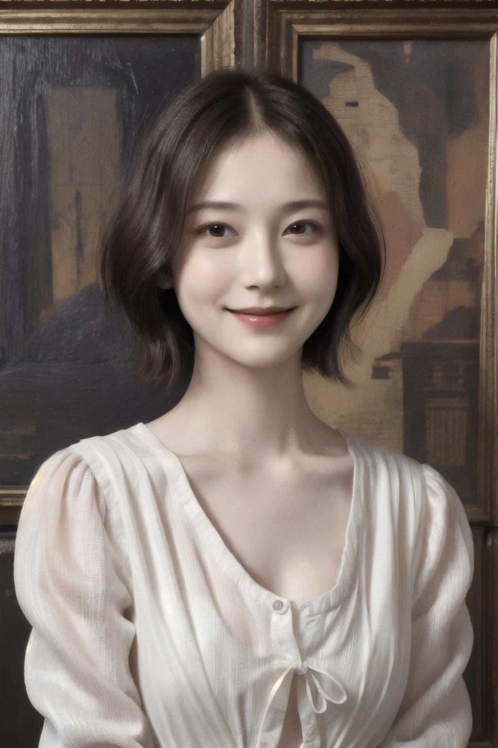 262 20-year-old female,(Short Hair 46),(Genuine,chest:1.5),Old-fashioned smile,(Paintings by Leonardo da Vinci),flower