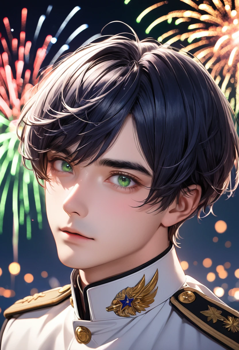 1 male　Short dark blue hair and eyebrows　The parting of the bangs above the left eye　Deep green eyes 　White military uniform 　firework