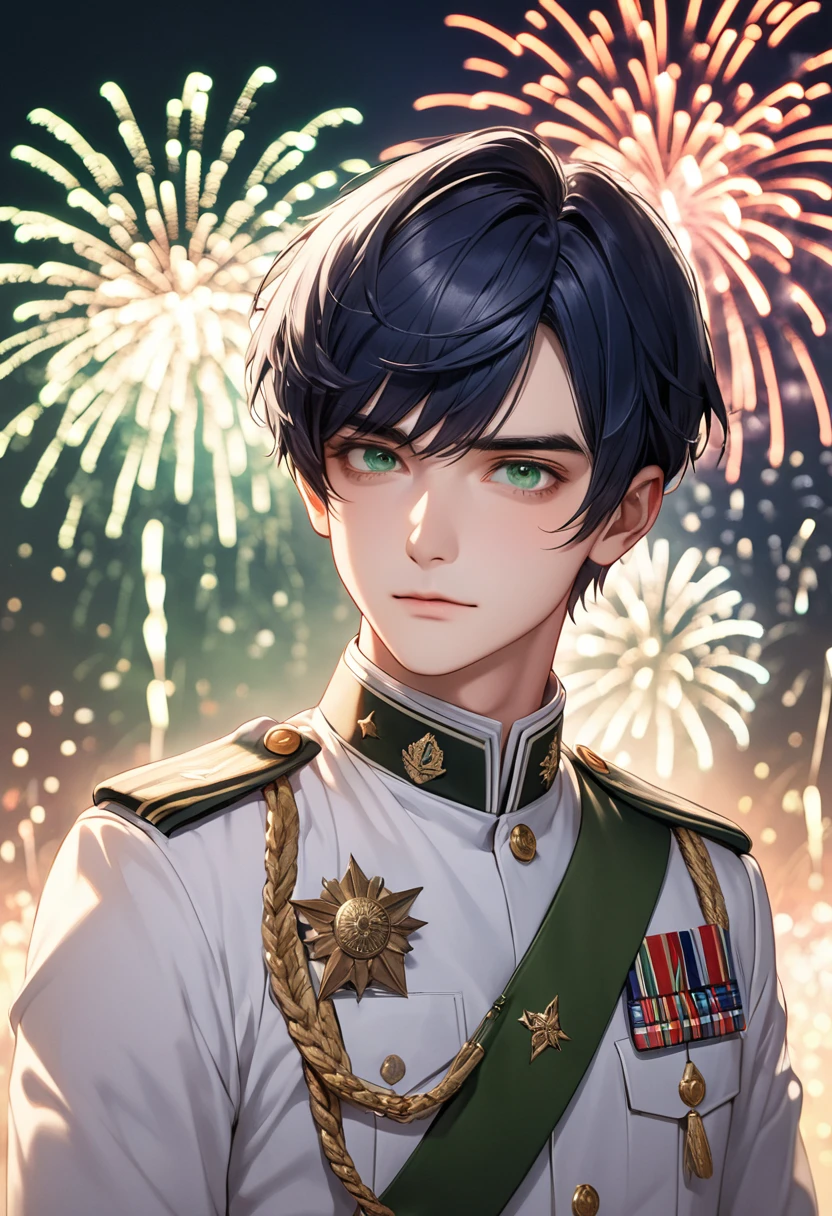 1 male Short dark blue hair and eyebrows The parting of the bangs above the left eye Deep green eyes White military uniform firework