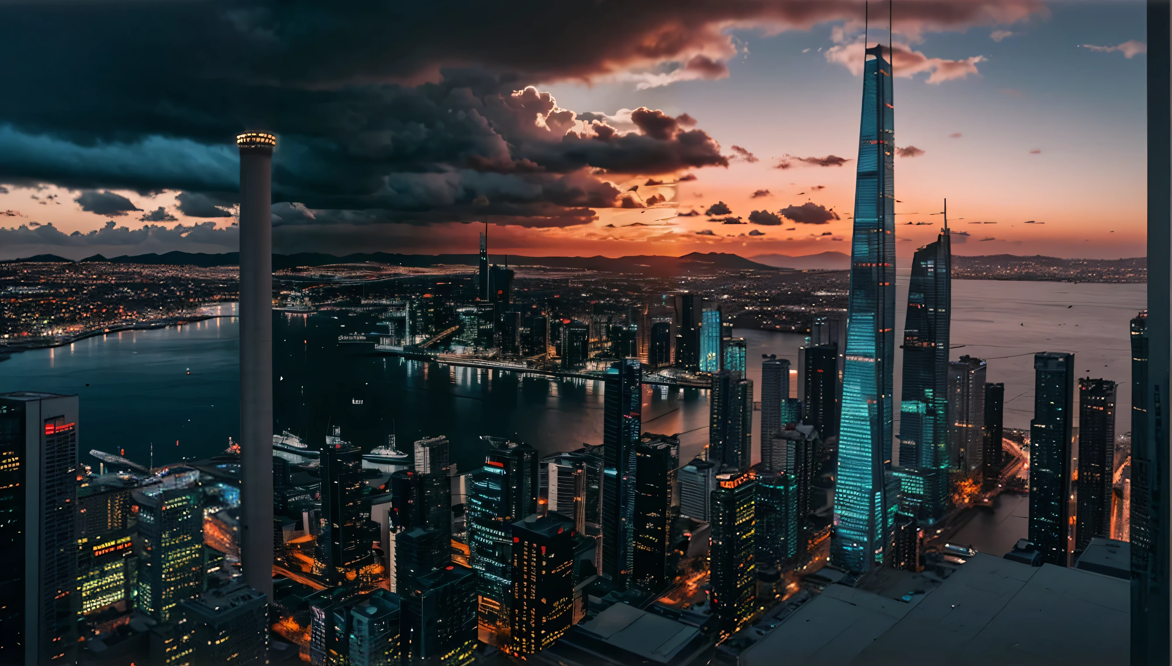 cyberpunk cityscape. at roof level. ocean bay. sunset. moody. dark powerful clouds.