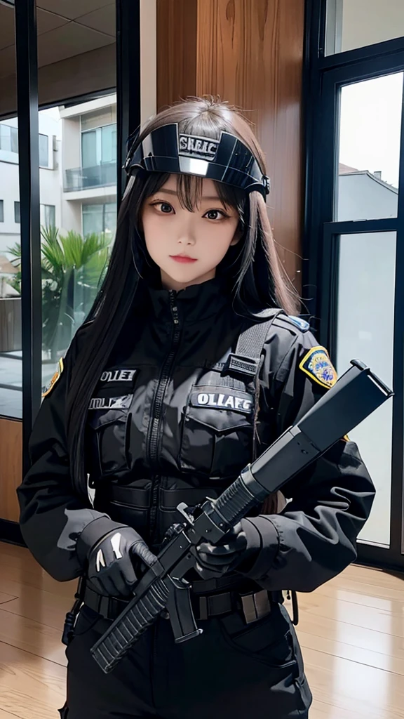 Police soldier woman, swat vest, black gloves, swat helmet head, behind long hair, ninja full mask, grip assault ak74,