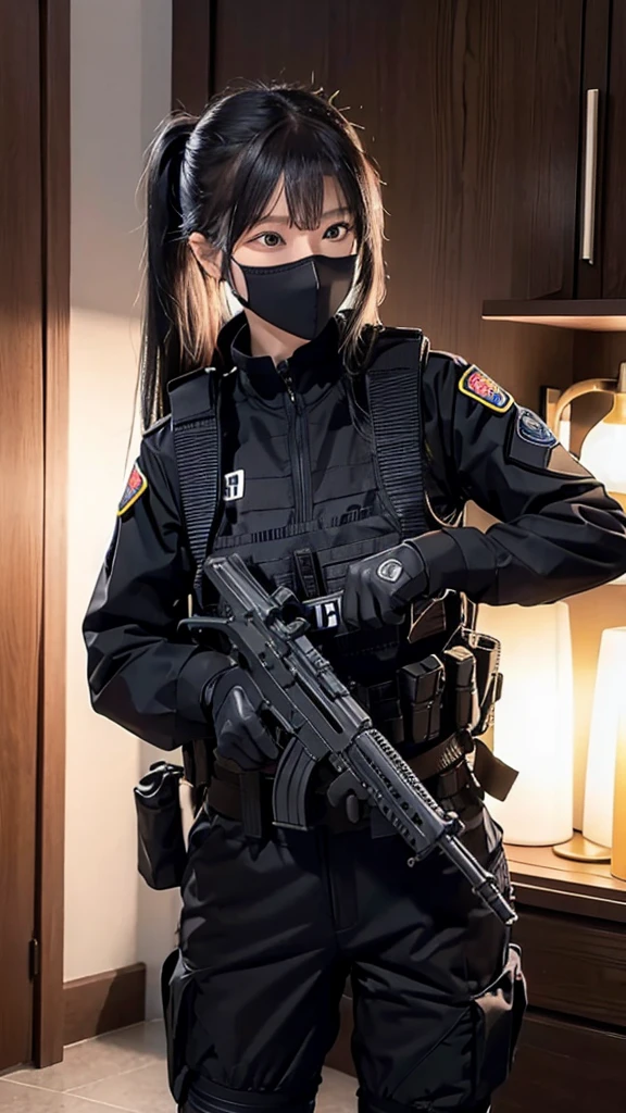 Police soldier woman, swat vest, black gloves, swat helmet head, behind long hair, ninja full mask, grip assault ak74,