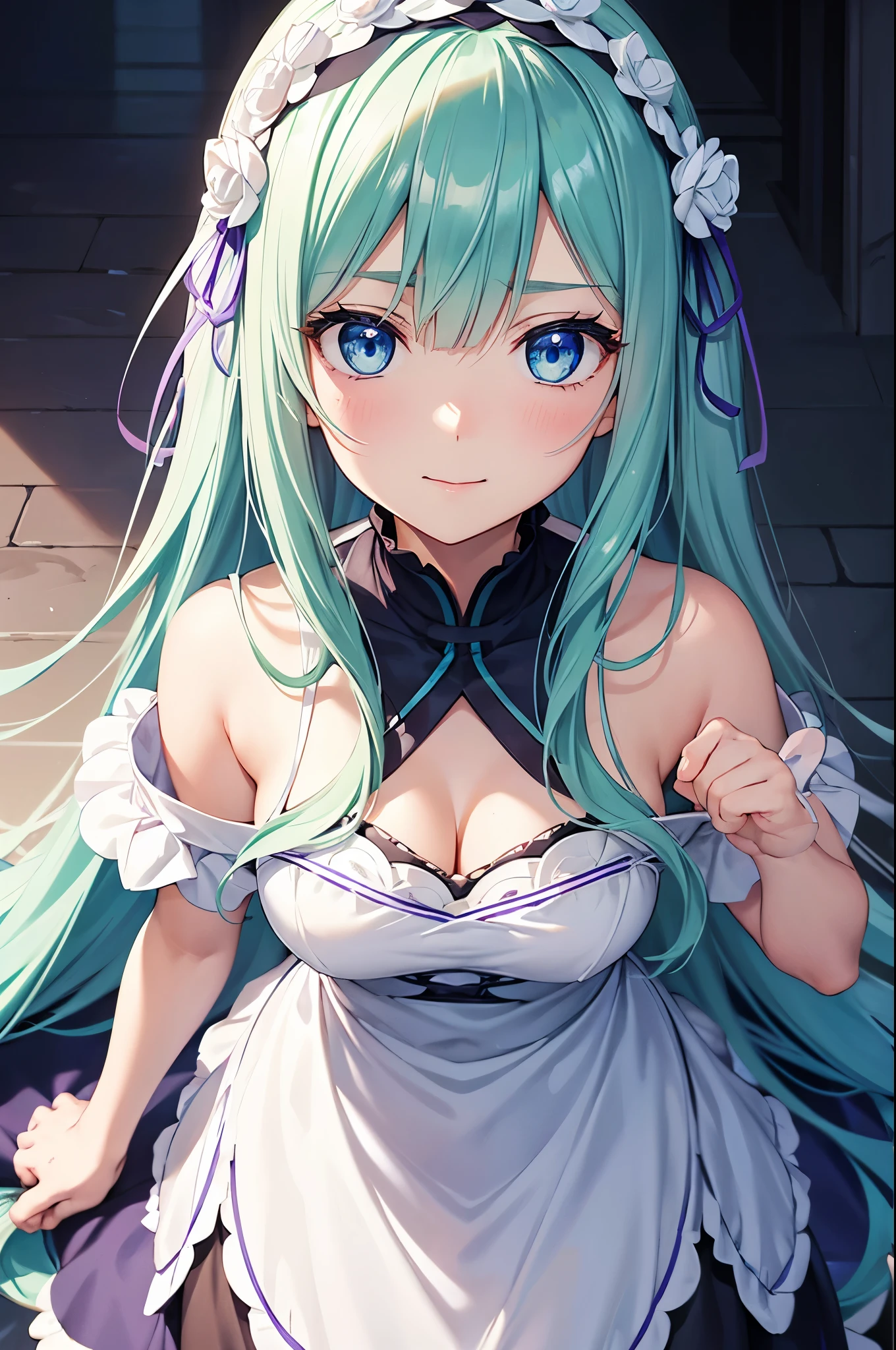 Girl
Blue eyes, dark dark green hair
Voluminous dark green hair
Straight long hair
Powerful gaze, leaning eyes, looking at you
Glowing eyes
Dresses like Emilia from “Re:Zero kara Hajimari no Isekai Seikatsu
White armor dress
White with a purple one-pointed pattern on the side
Large white cape
Purple hairpin
Standing in a dark room

Focus on face
Fresh smile

Focus on the face

Big droopy eyes

Blue eyes
Cute expression