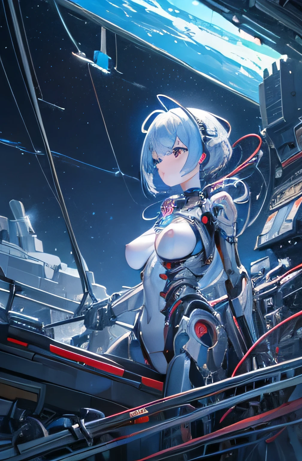 (((masterpiece))), (((Highest quality))), ((Very detailed)), (Highly detailed CG illustrations), ((Very delicate and beautiful)),(From the side),Cinematic Light,((1. Machine Girl)),alone,whole body,(Machine made joints:1.2),((Mechanical limbs)),(Blood vessels connected to tubes),(Mechanical vertebrae attached to the back),((Cervical vertebrae mechanically attached to the neck)),(Sitting),Expressionless,(Wires and cables around the neck:1.2),(Cable connected to tailbone)、(Overhead wires and cables:1.2)(Character Focus),sf,Very detailed,colorful,Most detailed、A starry sky, mysterious,Outdoor、 Awe-inspiring expressions, Dynamic pose、 The blood vessels of the machine connected to the groin、ceremony、Giant planet in the background、Inspiration, 3One month, bangs,poker face,Cables connected to nipples,Tube connected to tailbone、 Inside the spaceship, Starry Sky, Fine , On the water, Ocean, ancient ruins、Big Clouds,Colored glaze,Dynamic composition、Huge spaceship、Mechanical veins connecting the spacecraft to the body