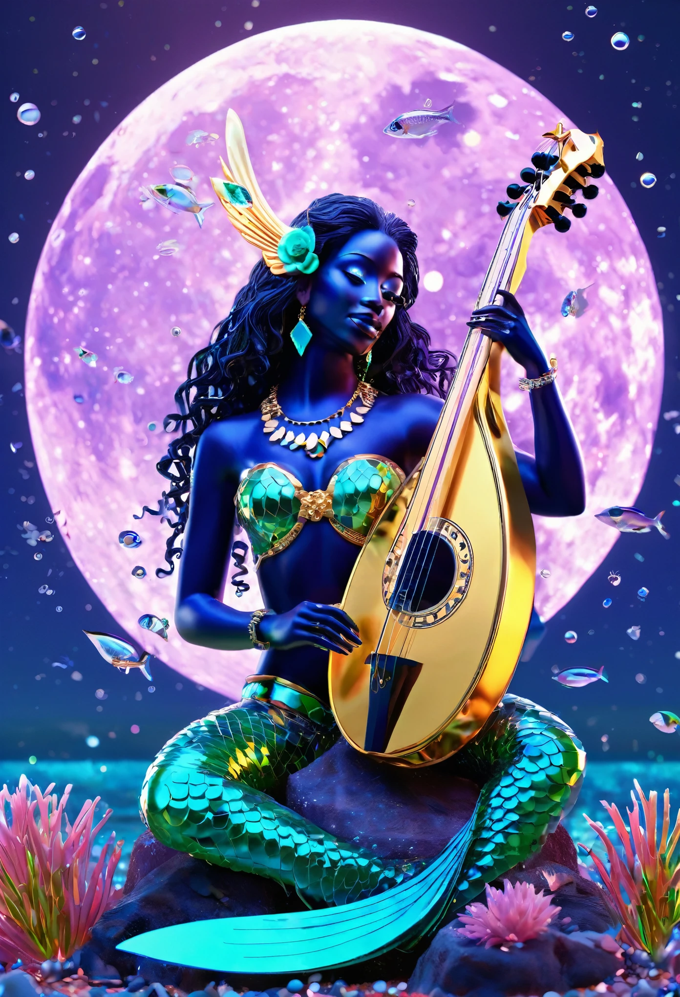 A stunningly realistic black mermaid, with iridescent scales shimmering like opals and diamonds, sits elegantly on a submerged rock, playing a intricately carved, glowing harp under the celestial glow of a full moon, amidst a kaleidoscope of aquatic life, with seaweed swaying to the melody, in a lush 3D render, boasting razor-sharp focus, hyper-realistic portraits, and an ultra HD, vibrant palette of turquoise, sapphire, and emerald hues, with an exaggerated sense of drama, crafted using cutting-edge 3D modeling, Octane rendering, V-Ray, and Unreal Engine, evoking an otherworldly, cinematic atmosphere.