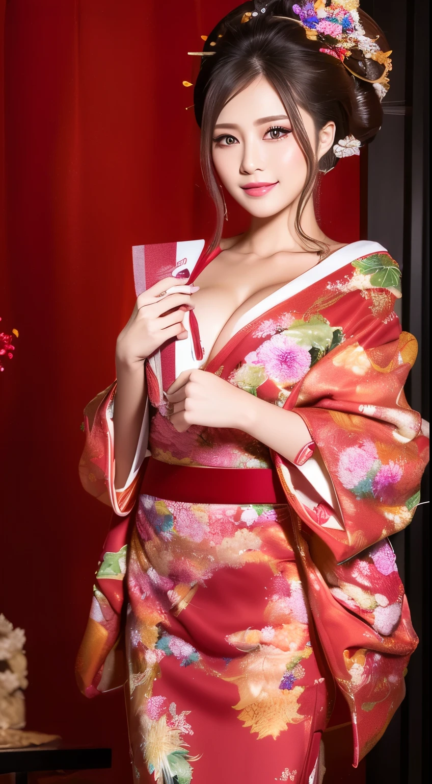 ((masterpiece(:1.4)，Highest quality，Ultra-high resolution，Highest quality，8k，Extremely detailed，In detail))。night，Japanese，(A beautiful woman)，slim，Large Breasts(1.6)，sexy，glamorous，Golden Ratio Style，Perfect Style，Flashy gal makeup，Red light district，Bedroom，Oiran，Prostitute，Sunny day outfit，Uchikake，Gold brocade，((A gorgeous kimono))，A cutting board belt tied in front，Hair tying，hairpin，hair ornaments，Gorgeous costumes，Beautiful standing posture，Presence，