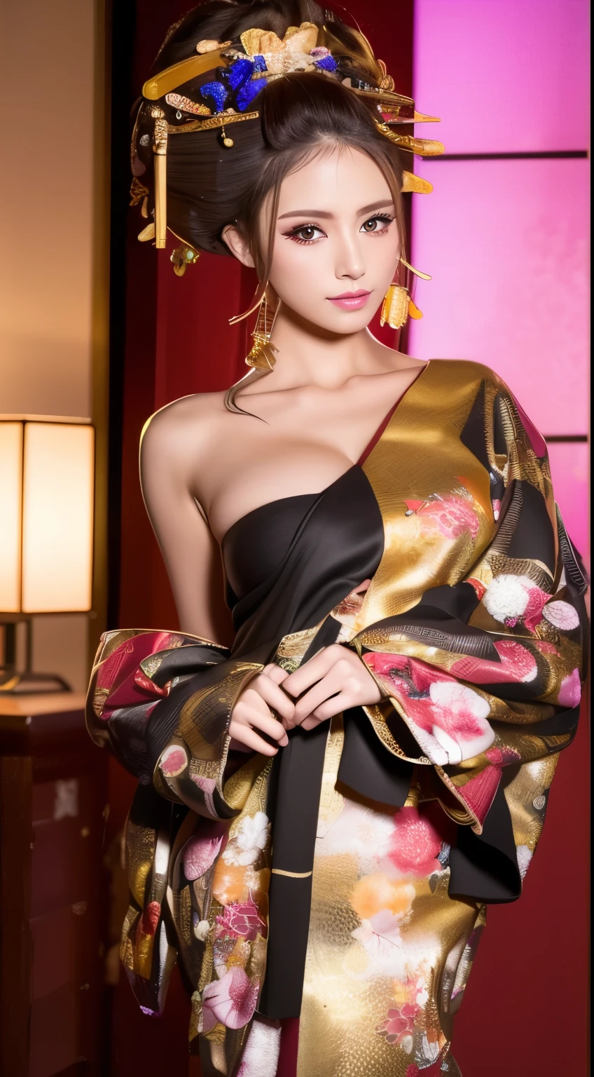 ((masterpiece(:1.4)，Highest quality，Ultra-high resolution，Highest quality，8k，Extremely detailed，In detail))。night，Japanese，(A beautiful woman)，slim，Large Breasts(1.6)，sexy，glamorous，Golden Ratio Style，Perfect Style，Flashy gal makeup，Red light district，Bedroom，Oiran，Prostitute，Sunny day outfit，Uchikake，Gold brocade，((A gorgeous kimono))，A cutting board belt tied in front，Hair tying，hairpin，hair ornaments，Gorgeous costumes，Beautiful standing posture，Presence，