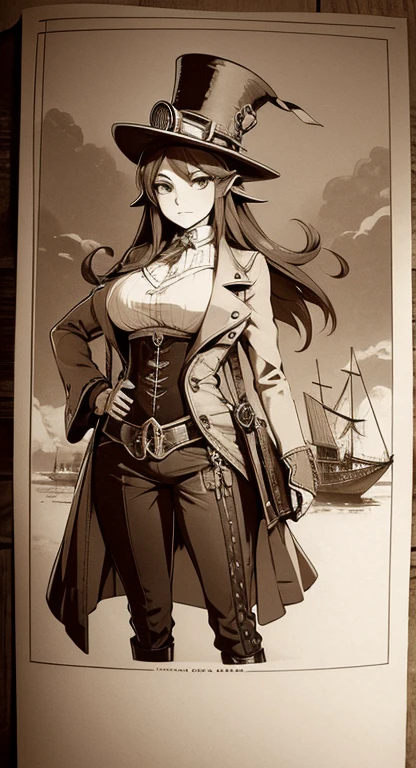 Sophisticated Hylia, hat, steampunk suit, airship, muted colors, red filter, old photo,
