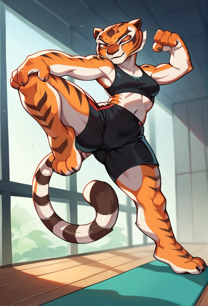 Kung Fu Panda, Master Tigress, Pose, Yoga, wearing black shorts,