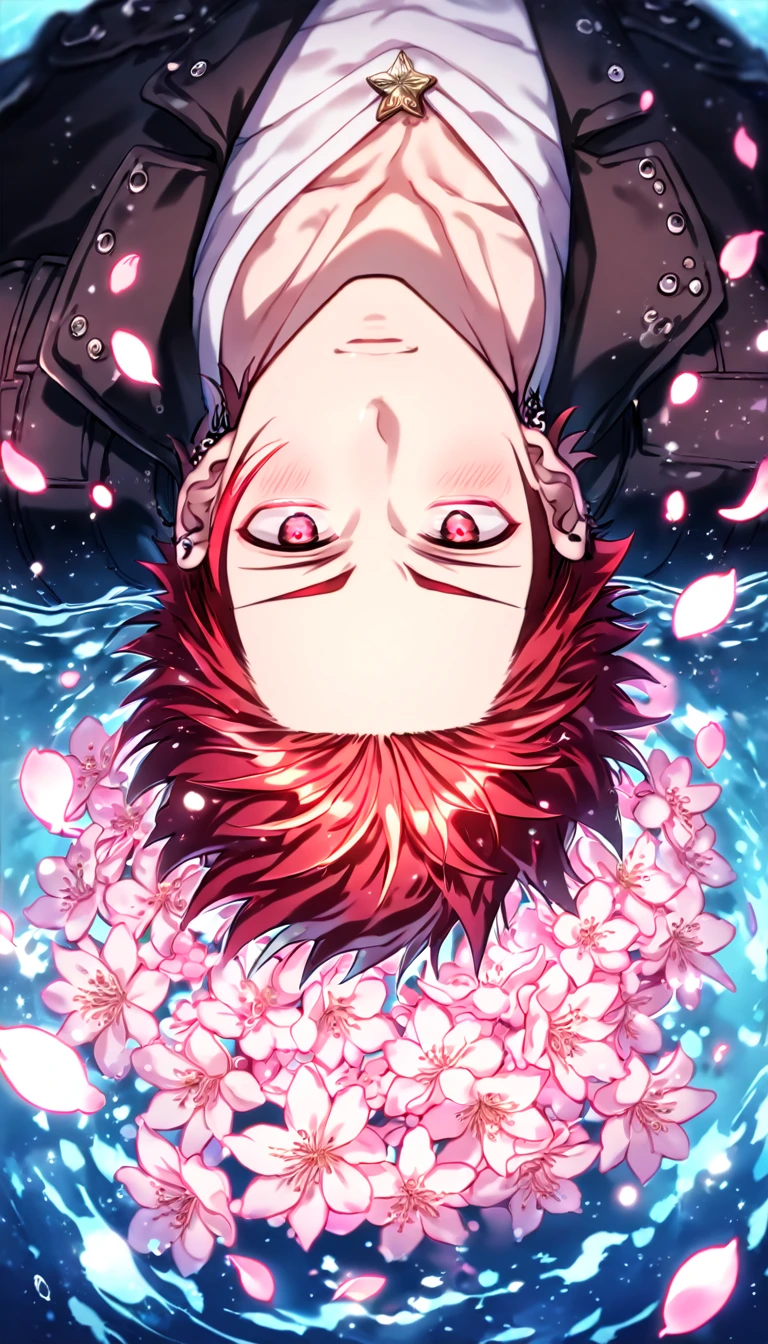 absurdres, highres, ultra detailed, HDR, master piece, Suoh Mikoto, red hair, hair is kept short, ruffled, slicked back and spiked, with two strands of hair near the opposite sides of his head falling over his face, expressive amber eyes, K Project, black leather jacket with a fur collar, white v-neck shirt, star pendant, sexy man, handsome, best quality, blossoms, pink petals, pink flowers, water, fantasy, magical, blue shining fireflies, a piercing, solo, sensual