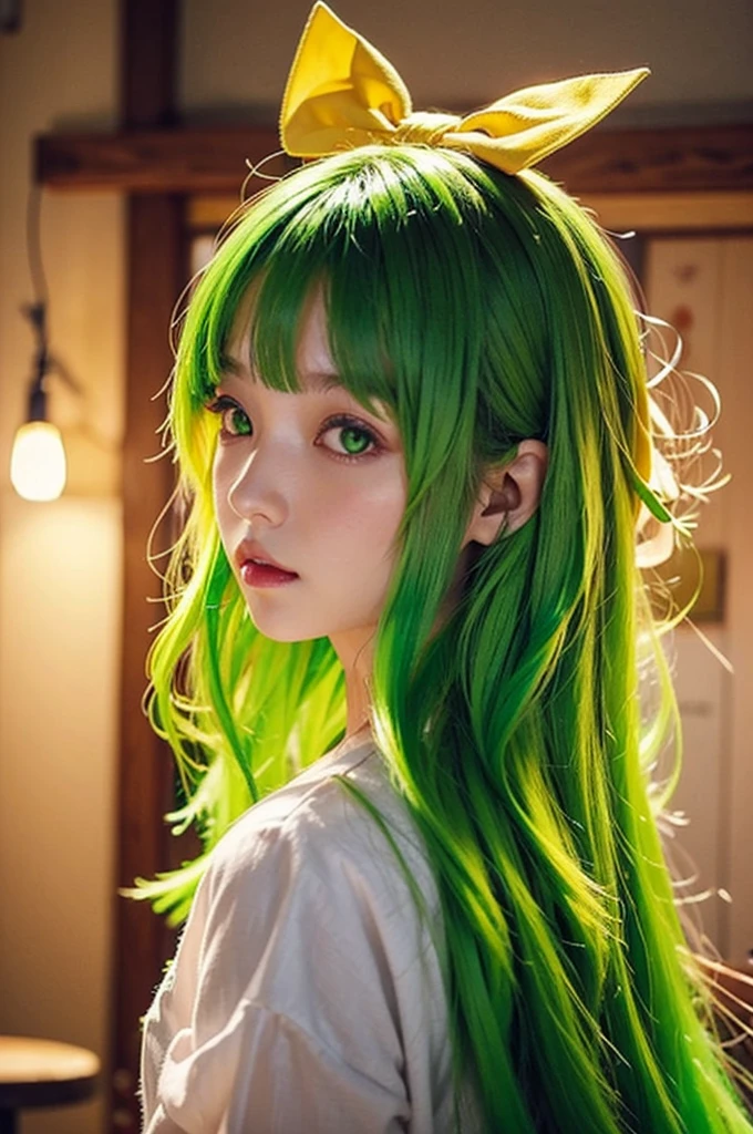 (banchan is 1girl: 1.0), (green eyes_0.9), (green hair_0.8), (yellow hair_0.7), (Ombre hair_0.4), (hair bow_0.5), Charming light, fully visible 