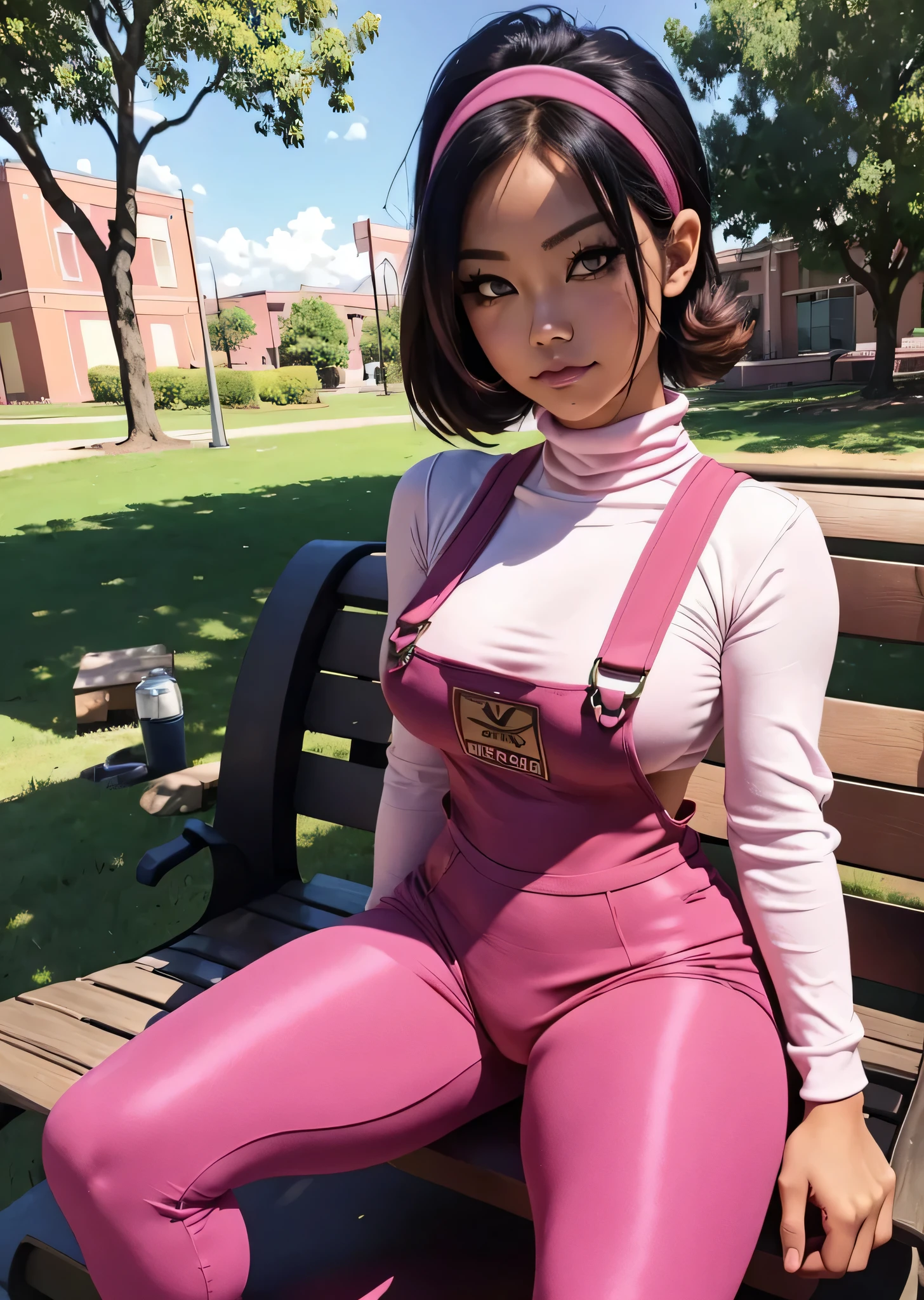 [nene], [newgrounds], ((masterpiece)), ((HD)), ((high res)), ((solo portrait)), ((full body)), ((front view)), ((detailed shading)), ((intricate details)), {(cute asian girl), slim attractive figure, tan skin, (cute eyes), short black hair, short eyelashes, small breasts, curvy hips, beautiful legs, (smug smirk)}, {(hot-pink overalls), (camel toe), long sleeve turtleneck shirt, pink leggings, pink headband}, {(sitting on bench), (looking at viewer)}, [ambient lighting, school grounds, sun rays]