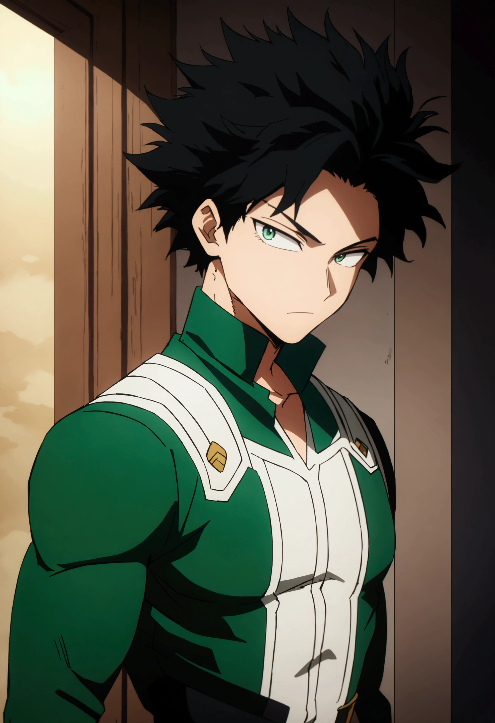 He is a 16 year old teenager, He has slightly disheveled very black hair..., somewhat light green eyes, , muscular body , anime art slyle my hero academy , (face to viwer), sexy face, He is dressed in the anime male uniform "my hero academia", , 8k, high quality, masterpiece, , cinematic, vivid colors, shining green eyes