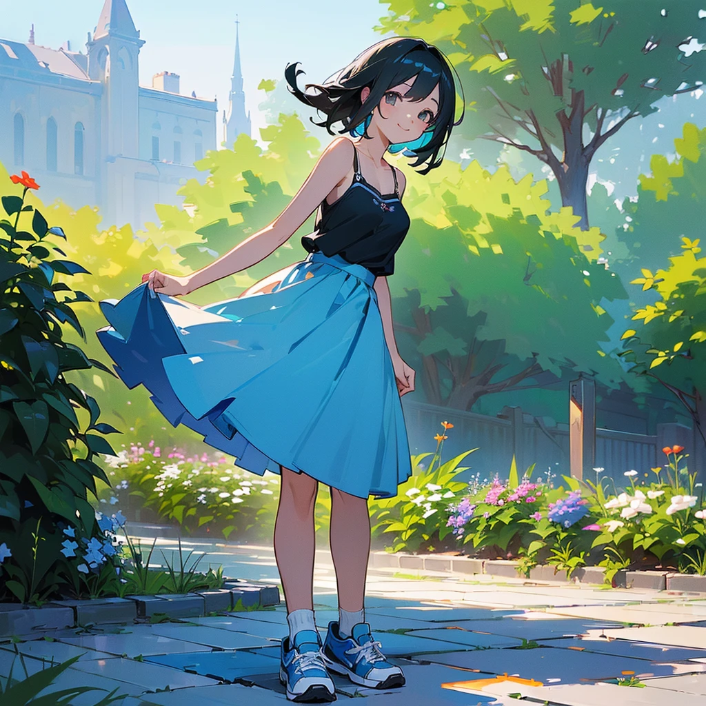 (high quality, High resolution, Very detailed, reality:1.37), Peaceful atmosphere, (Outdoor, garden),  girl standing alone, (my breasts are big.), Beautiful details, Cute Smile, (Black bob hair), camisole, Blue Skirt, Blue socks, sneakers.