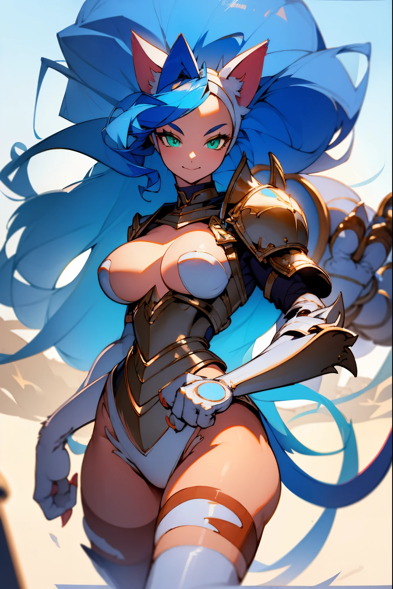 ((Masterpiece, Best Quality)), Felicia, Blue hair, Green eyes, cat eyes, Cat tail, busty, big breasts, big ass, happy, smile, with white plate armor, gauntlets, lewd, in a fantasy city, illustration, ultra-detailed 8K, realistic, clear focus, highly detailed, professional lighting, colorful details, colors BREAK,