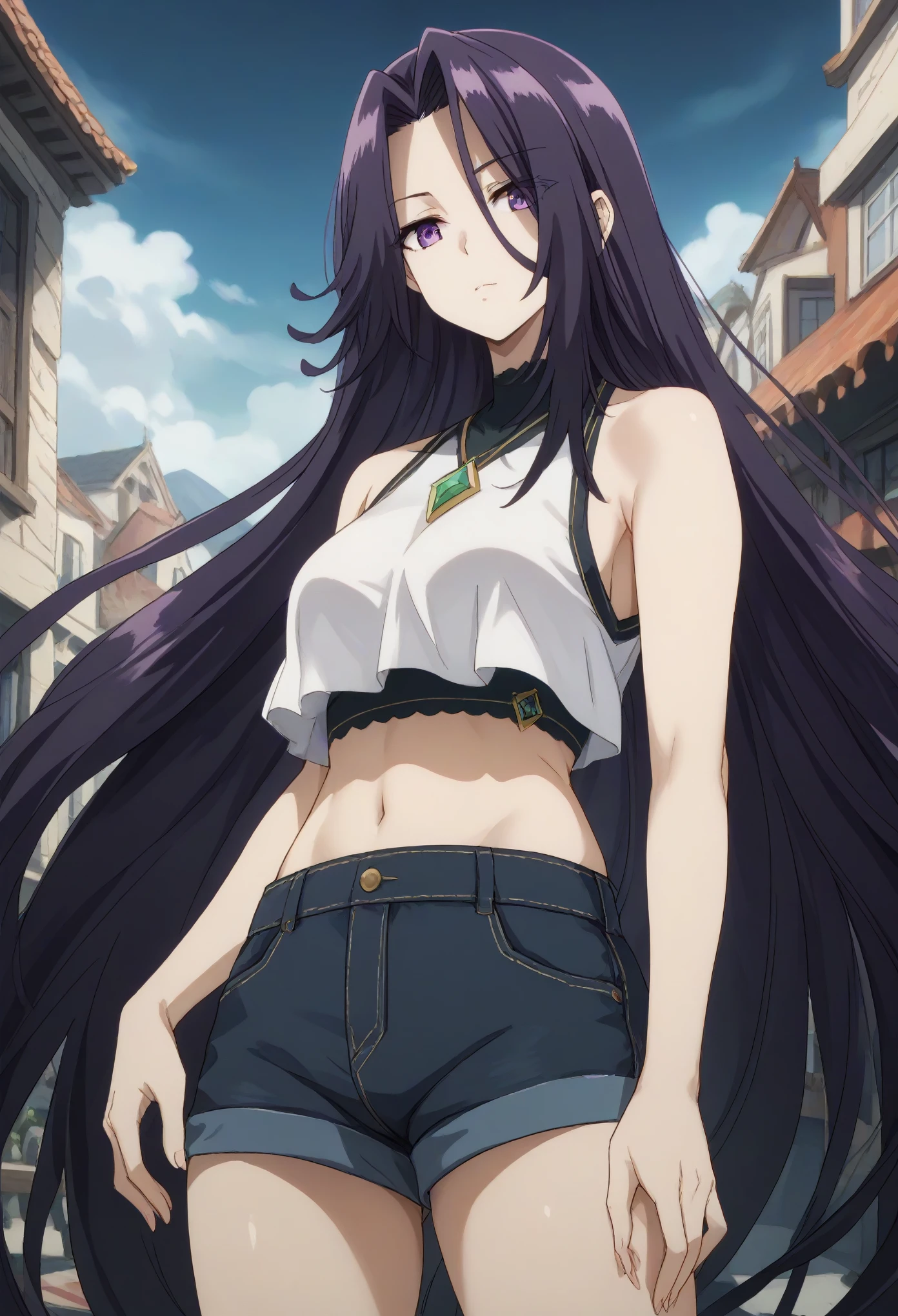 aurora,tall woman, long hair, purple hair, very long hair, purple eyes,shorts,top-tank,navel,midriff
